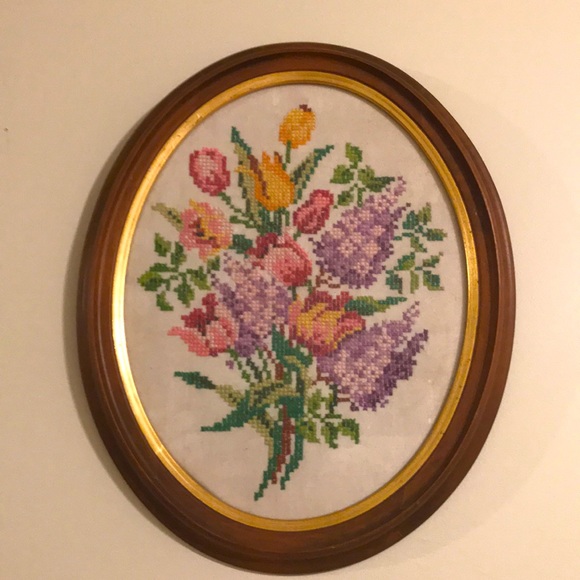 Other - Vintage Cross-Stitch Flower Wall Hanging